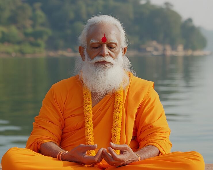 old yogi was meditating bank ganges